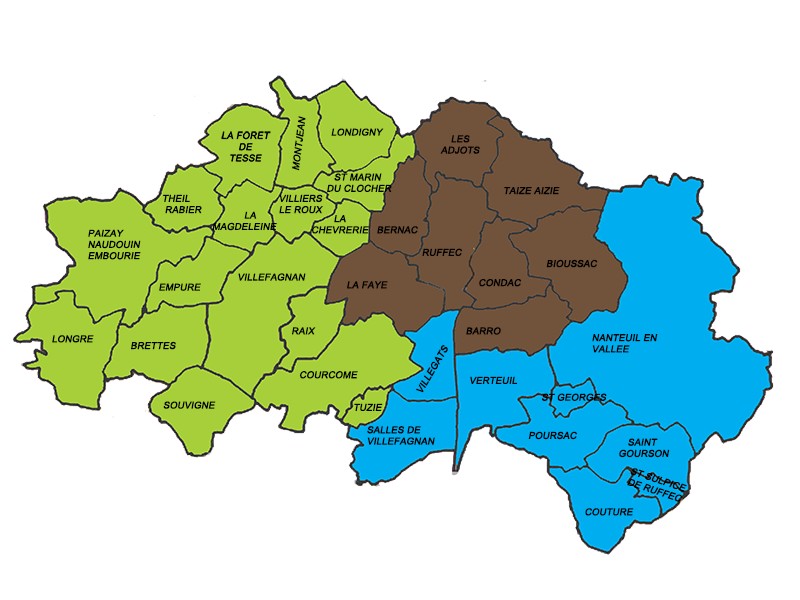 Carte du territoire de la CPTS Vallées du Nord Charente avec les communes concernées
